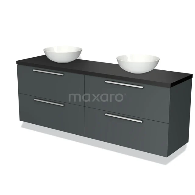 Zwevend grijs wastafelmeubel met dubbele ronde waskommen en zwarte blad, geschikt voor moderne badkamers.
