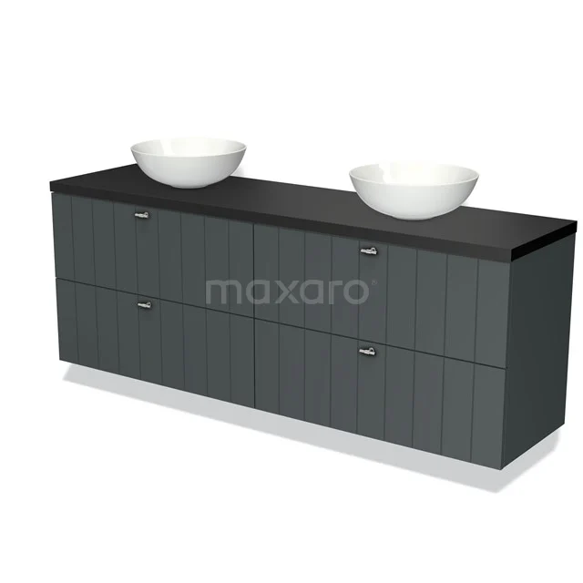 Donkergrijze badkamermeubel met dubbele wastafels, strak design en houtstructuur, ideaal voor moderne badkamers.
