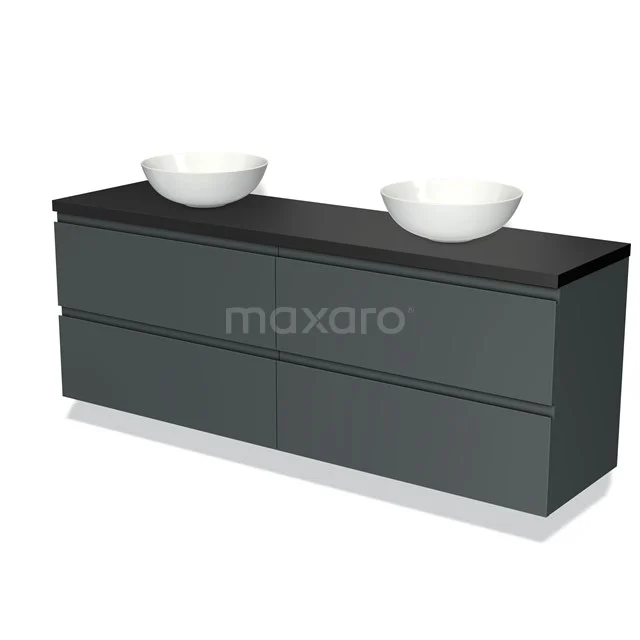 Grijze dubbele badkamermeubelset met zwarte bovenblad en twee witte waskommen, strak design voor moderne badkamers.