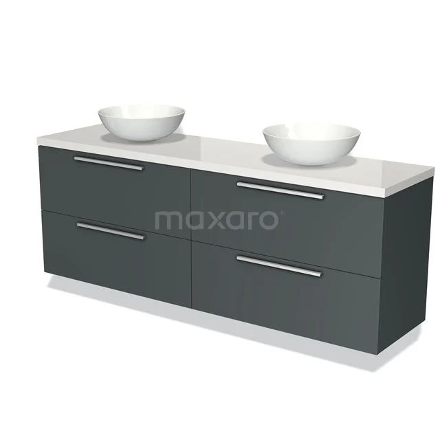 Grijze badkamerkast met 4 lades, dubbele wastafel, modern design, hoogglans afwerking, ideaal voor stijlvolle badkamers.