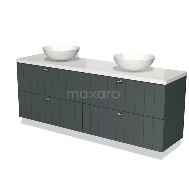 Graue Badmöbelset mit Doppelwaschbecken, modernes Design mit weißen Keramikschalen und grifflose Schubladen.