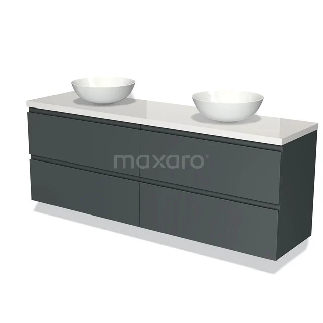 Badmöbel für Waschtischunterschrank mit Konsole 180cm Modulo Plato Dunkelgrau 4 Schubladen Grifflos Hochglanz Weiß Platte BMK18-01195 Dunkelgrau hängendes Badezimmermöbel mit doppeltem Aufsatzwaschbecken, schlichtem Design und weißem Waschbecken aus hochwertiger Keramik.