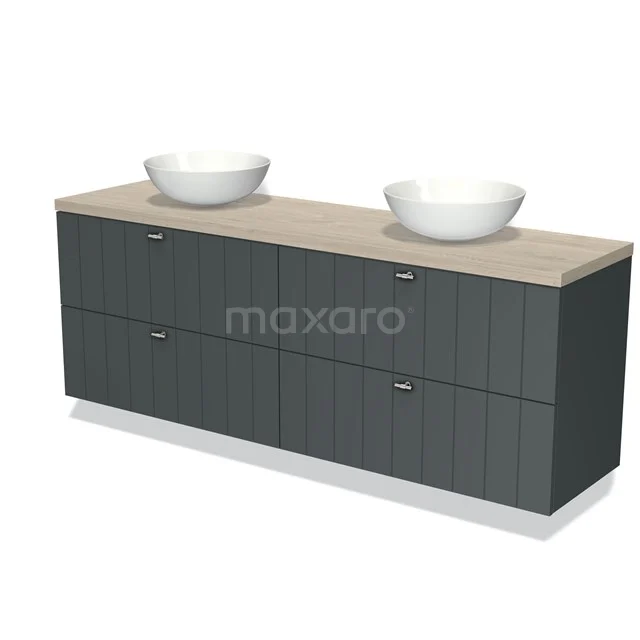 Dubbele wastafelmeubel, antraciet met houtfineer blad, moderne design voor badkamer, inclusief ronde keramische waskommen.