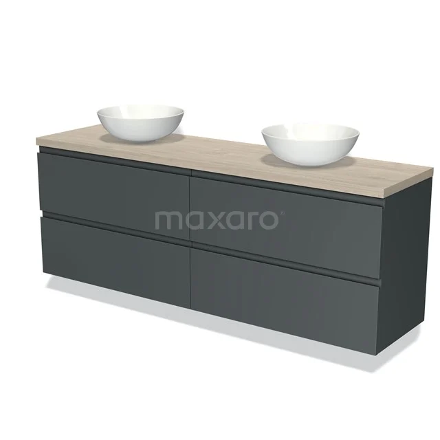Donkergrijs badkamermeubel met dubbele waskommen, houten blad en strakke lades, modern design voor een stijlvolle badkamer.
