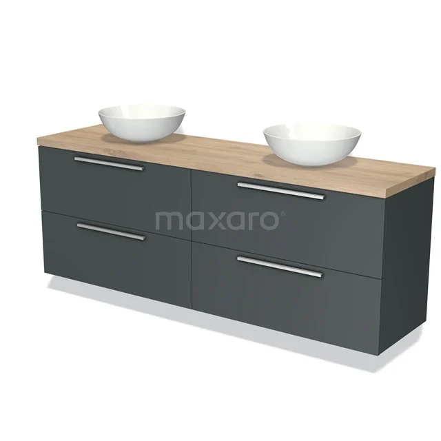 Badmöbel für Aufsatzwaschbecken 180cm Modulo Plato Dunkelgrau 4 Schubladen Flach hellbraune Eiche Platte BMK18-01199 Graue Badmöbel mit Holzlook Platte, Doppelwaschbecken und Chromgriffen; modernes Design geeignet für zeitgemäße Bäder.