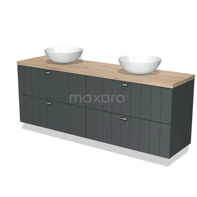 Modulo Plato Vanity units for countertop basin | 200 cm Dark grey Slat front Light brown oak worktop 4 drawers BMK18-01983