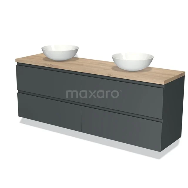 Badmöbel für Aufsatzwaschbecken 200cm Modulo Plato Dunkelgrau 4 Schubladen Grifflos Hellbraune Eiche Platte BMK18-01984 Dunkelgraue Badmöbelset mit Holzlook Platte, doppelten Aufsatzwaschbecken und Softclose Schubladen, modernes und schlichtes Design.