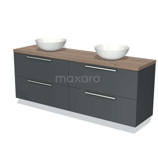 Dubbele wastafelmeubelset, grijs met houten blad, vier lades en moderne waskommen, praktisch voor elke stijlvolle badkamer.