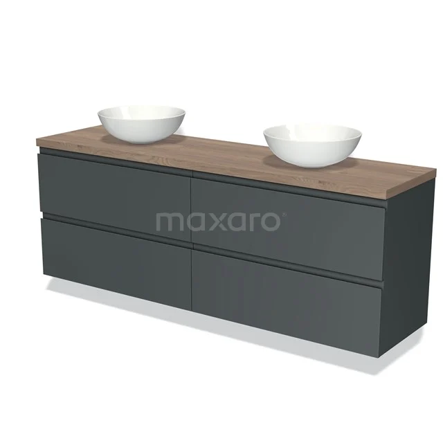 Donkergrijs hangend badkamermeubel met dubbele waskommen en houten blad, eigentijds design voor moderne badkamers.