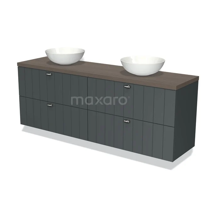 Grijze houten badkamermeubel met twee witte waskommen, modern design uit de elegante Linea-serie.