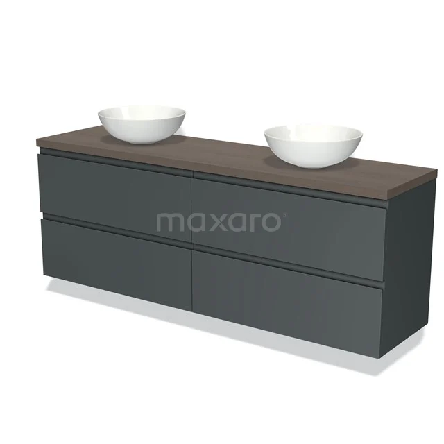 Dubbele badkamermeubel met donkergrijze lades, houten blad en twee witte waskommen, modern design.