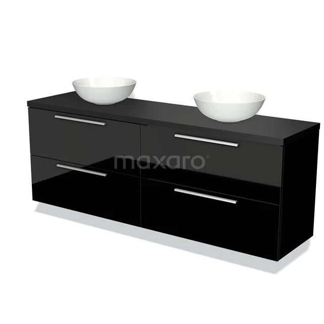 Schwarze Hochglanz-Badmöbelset mit zwei weißen runden Waschbecken, schlankem Design und moderner Verarbeitung.