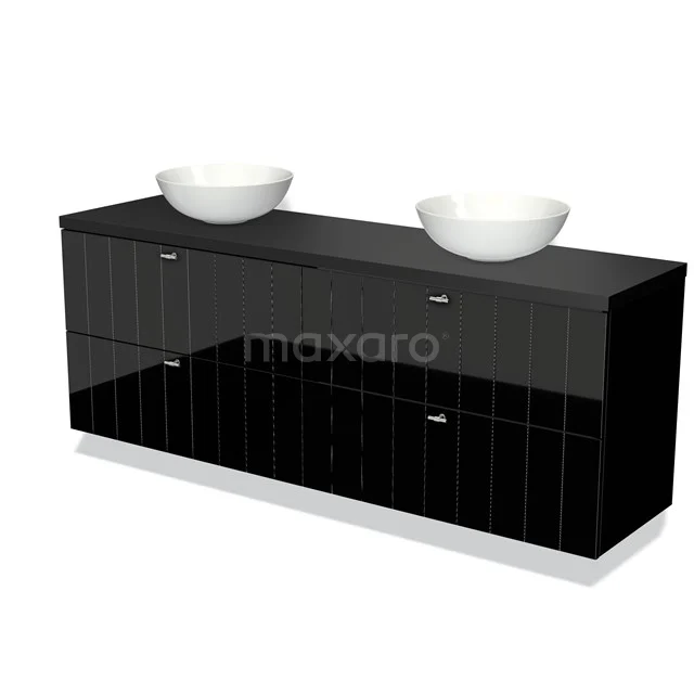 Modulo Plato Badkamermeubel voor waskom | 180 cm Hoogglans zwart Lamel front Mat zwart blad 4 lades BMK18-01209