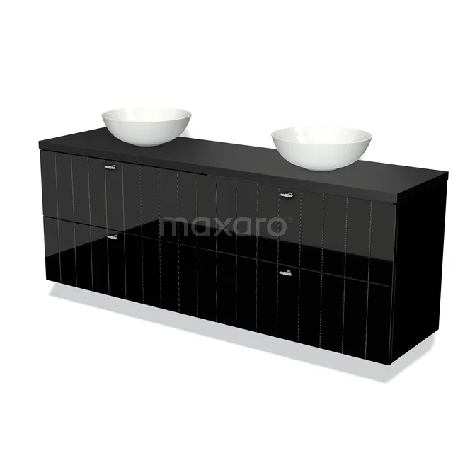 Zwarte hoogglans badkamermeubel met twee witte waskommen, brede lades en modern design, ideaal voor een stijlvolle badkamer.