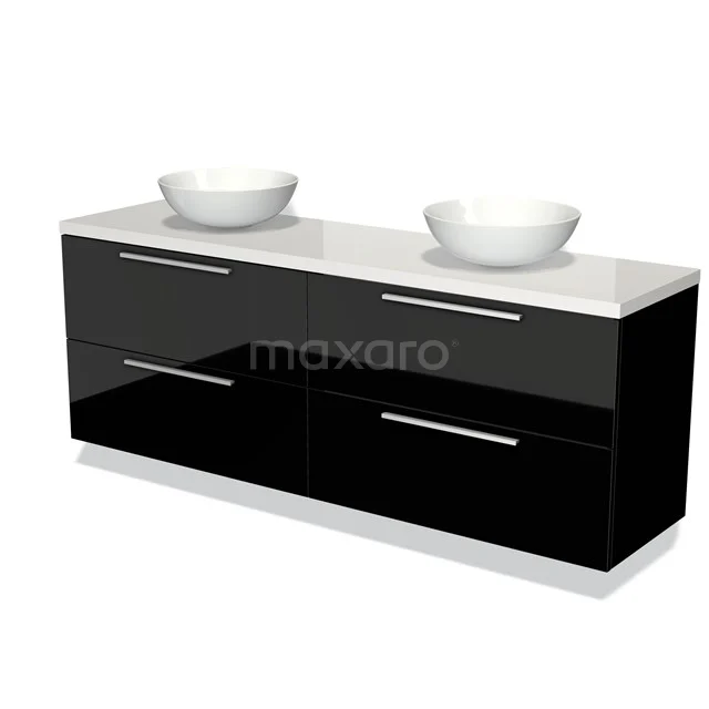 Zwart badkamermeubel met dubbele wastafel, glanzende afwerking en strak design; ideaal voor een moderne badkamerstijl.