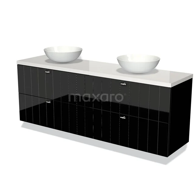 Zwart badkamermeubel met hoogglans afwerking, dubbele waskommen en witte blad, modern design voor stijlvolle badkamers.
