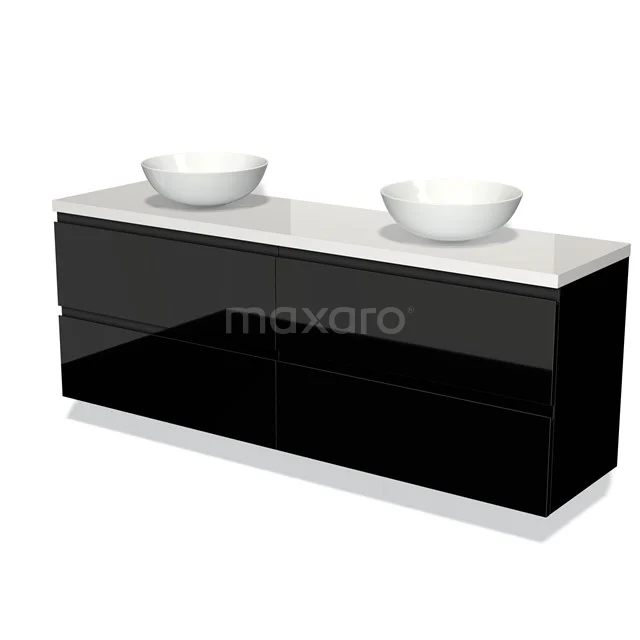 Zwart hoogglans badmeubel met dubbele waskommen, moderne uitstraling en witte top, ideaal voor een stijlvolle badkamer.