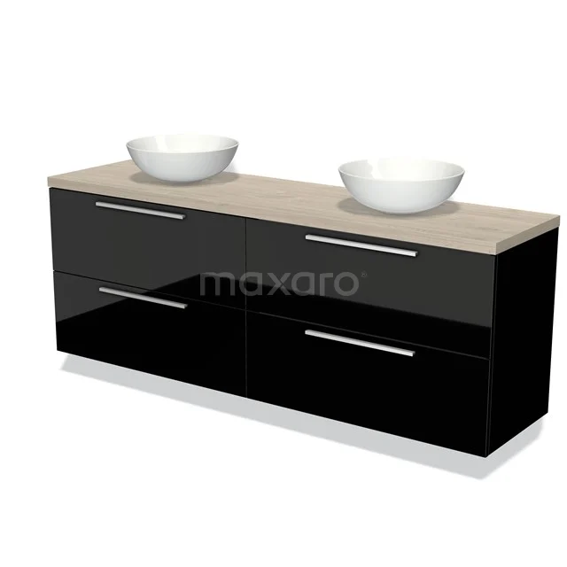 Zwarte badkamermeubel met houtlook blad, dubbele wastafels en moderne design lades, ideaal voor stijlvol opbergen in de badkamer.