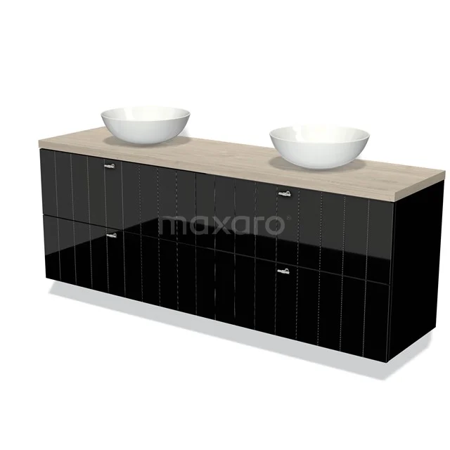 Zwart badkamermeubel met hoogglans afwerking, houtlook blad en twee witte ronde wastafels, modern ontwerp.