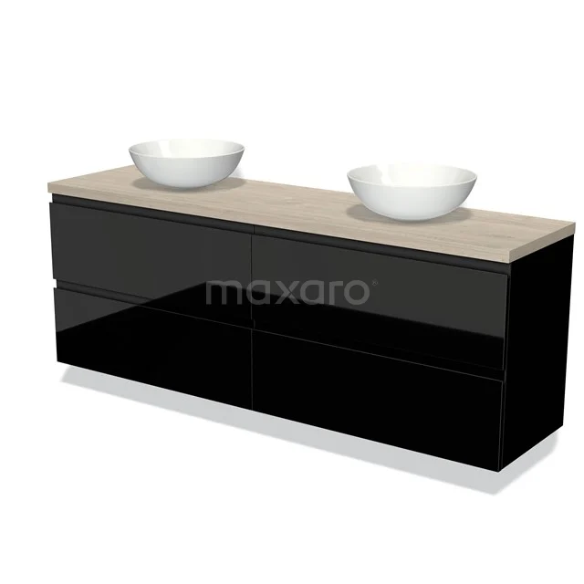Zwart badkamermeubel met dubbele wastafel, houtlook blad en glanzende afwerking, modern design voor stijlvol badkamerinterieur.