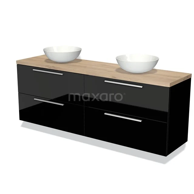 Badmöbel für Aufsatzwaschbecken 200cm Modulo Plato Hochglanz Schwarz 4 Schubladen Flach Hellbraune Eiche Platte BMK18-01985 Schwarz-weißes Badmöbel mit zwei Aufsatzwaschbecken, hölzerner Platte und glänzender Verarbeitung, modernes Design für stilvolle Bäder.