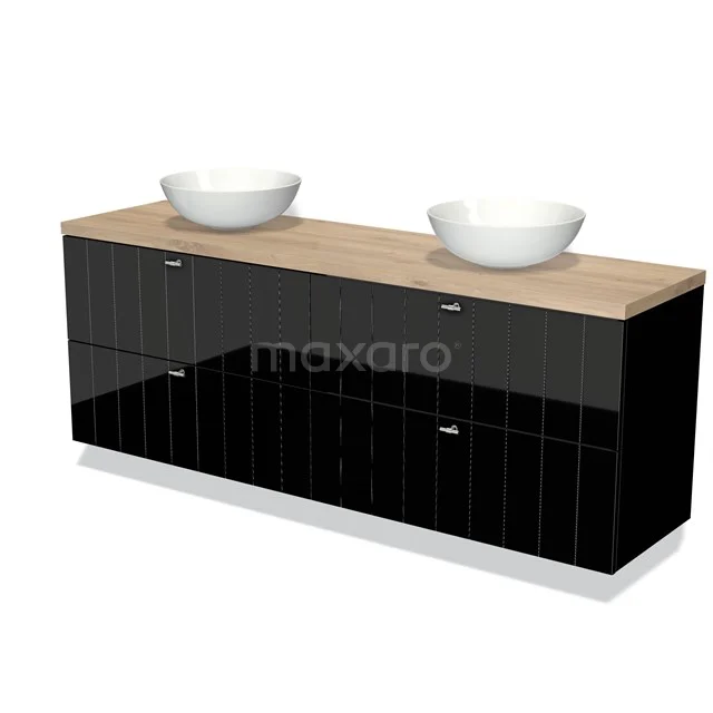 Zwart glanzend badmeubel met houten blad en twee witte waskommen, modern design voor stijlvolle badkamerinrichting.