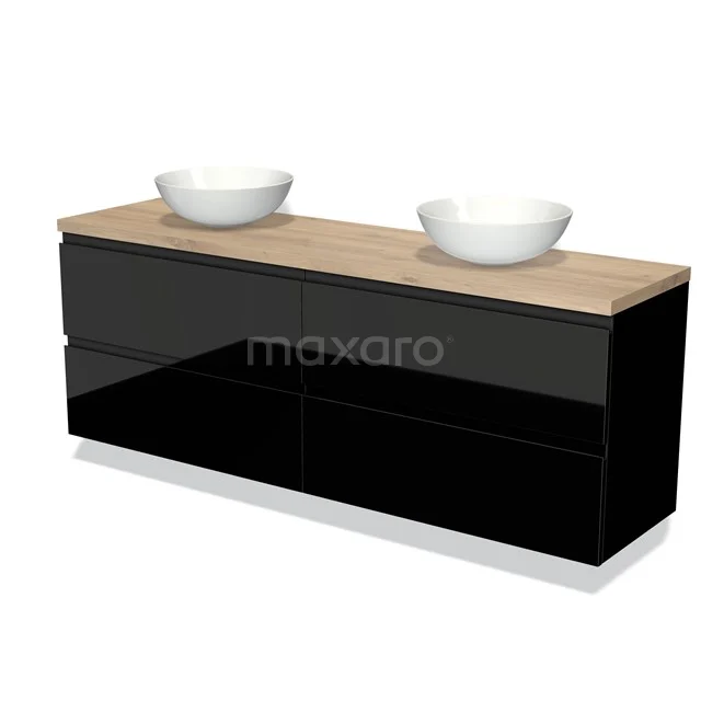Schwarzes Badmöbel mit Hochglanzoberfläche, Holzplatte und zwei weißen Aufsatzwaschbecken für einen modernen Badezimmerstil.