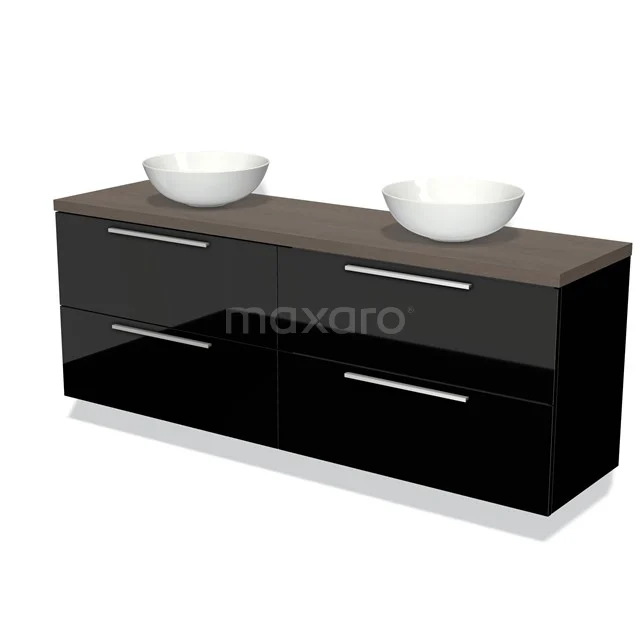 Zwart hoogglans badkamermeubel met twee witte komvormige wasbakken en een donker houten blad, strak modern design.