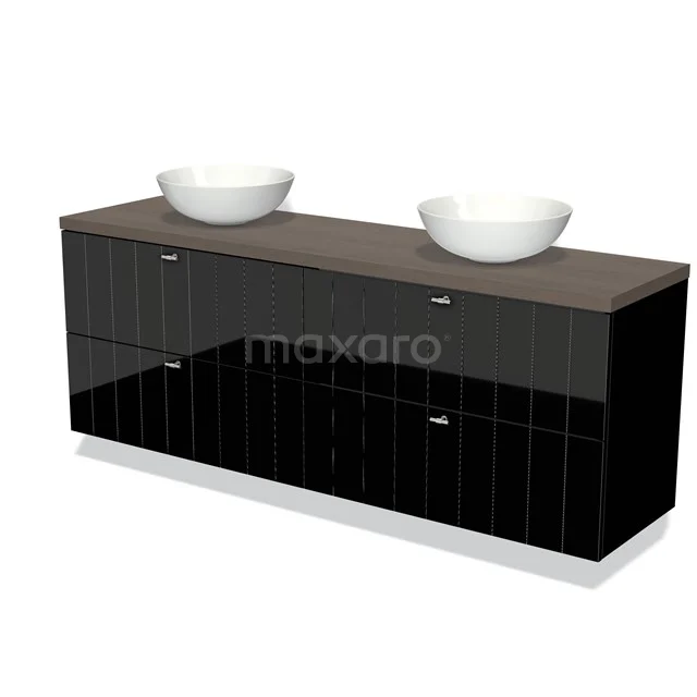 Zwart-glanzend badkamermeubel met dubbele keramische wastafels, houtlook bovenblad en modern ontwerp.
