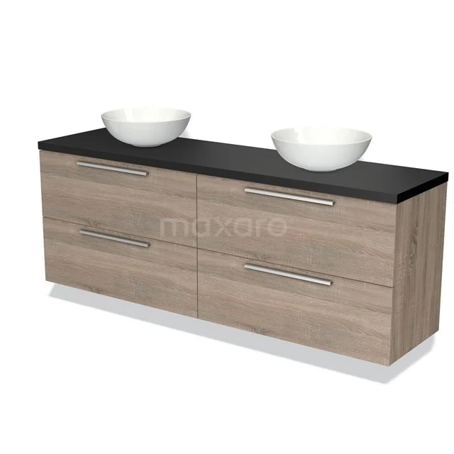 Holz-Badmöbel mit dunkler Platte, Doppelwaschbecken und silbernen Haltegriffen; stilvolles und funktionales Design.