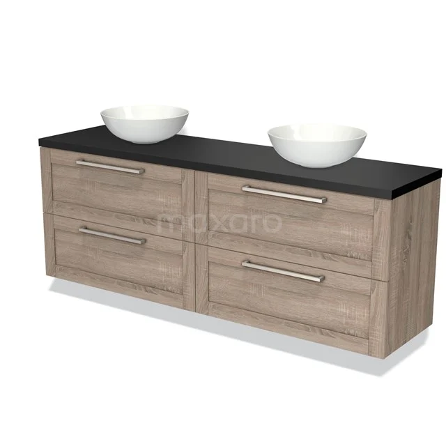 Wooden bathroom unit with double countertop wash basin, dark worktop and four drawers, perfect for a modern bathroom design.