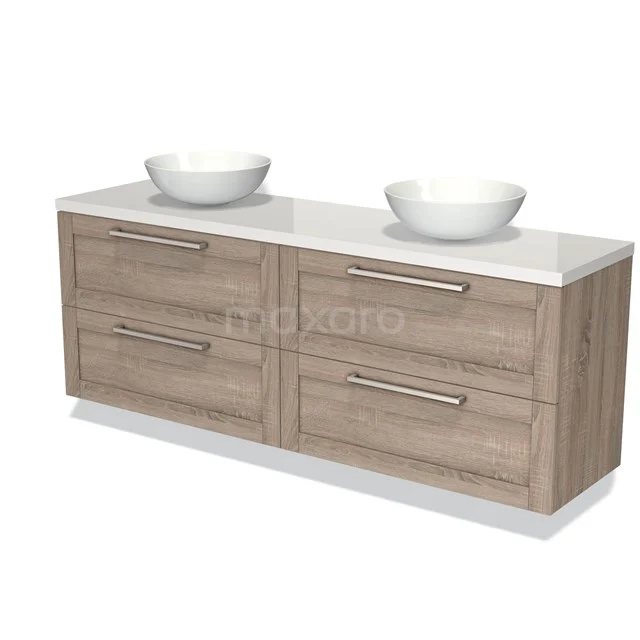 Holz-Badmöbel mit Doppelwaschbecken, modernem Eichen-Look und vier Schubladen, ideal für stilvolle Badezimmerlagerung.