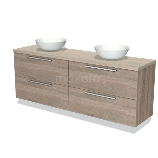 Houten badkamermeubel met dubbele wastafel, modern design, 4 lades en licht eiken afwerking voor een stijlvolle badkamer.