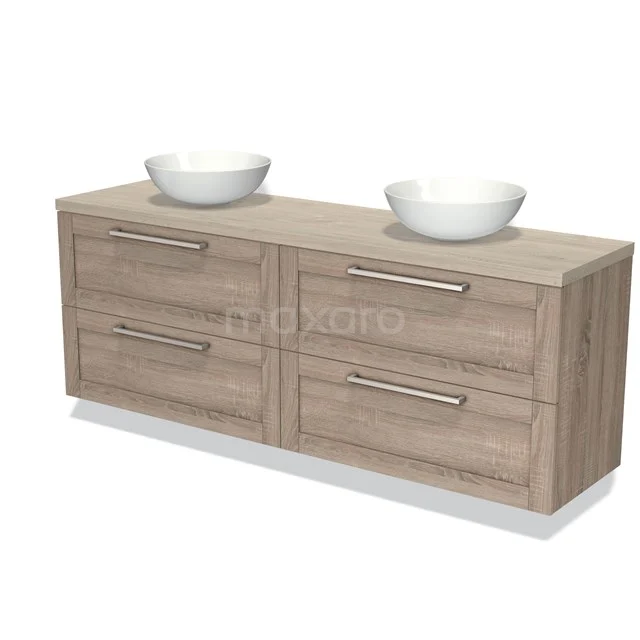 Houten badkamermeubel met dubbele wasbak, licht eiken kleur, vier lades met metalen handgrepen, modern design.