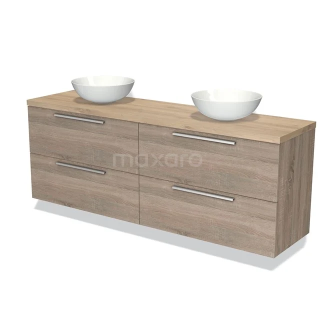 Holz Badezimmermöbel mit doppelten Aufsatzwaschbecken, heller Eiche-Oberfläche, schlanken Chrom Haltegriffen und einem modernen Design.