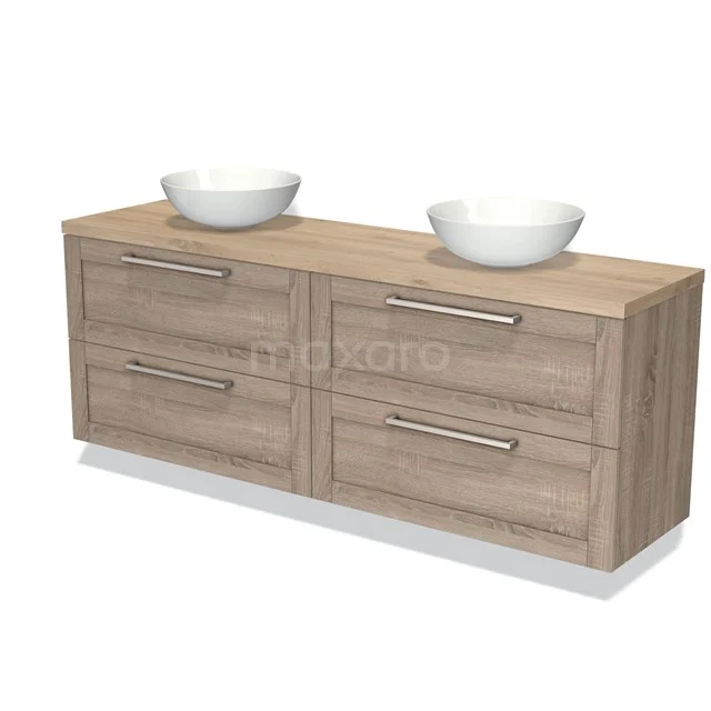 Wooden bathroom unit with double basin, light oak finish, 4 spacious drawers with metal handles.