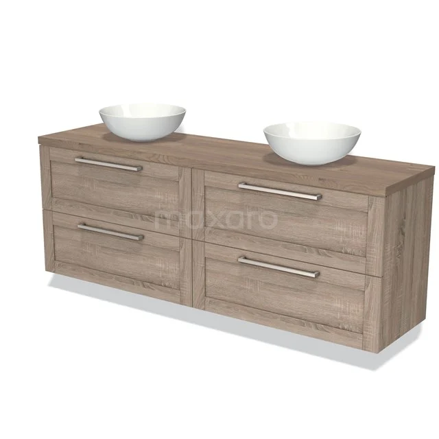 Houten badkamermeubel met dubbele wastafel, licht eiken kleur, moderne uitstraling, vier lades met metalen handgrepen.