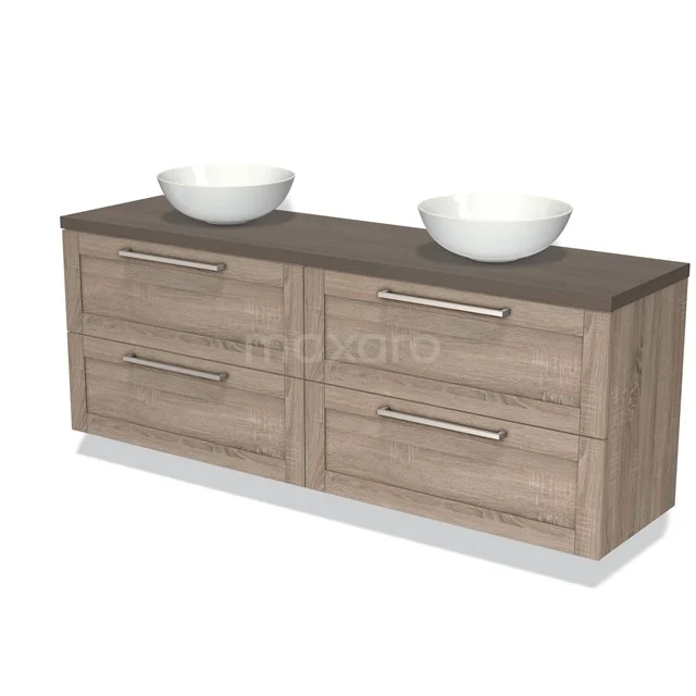 Wooden bathroom unit with double basin, modern design, four drawers and a natural stone worktop for stylish bathroom storage.
