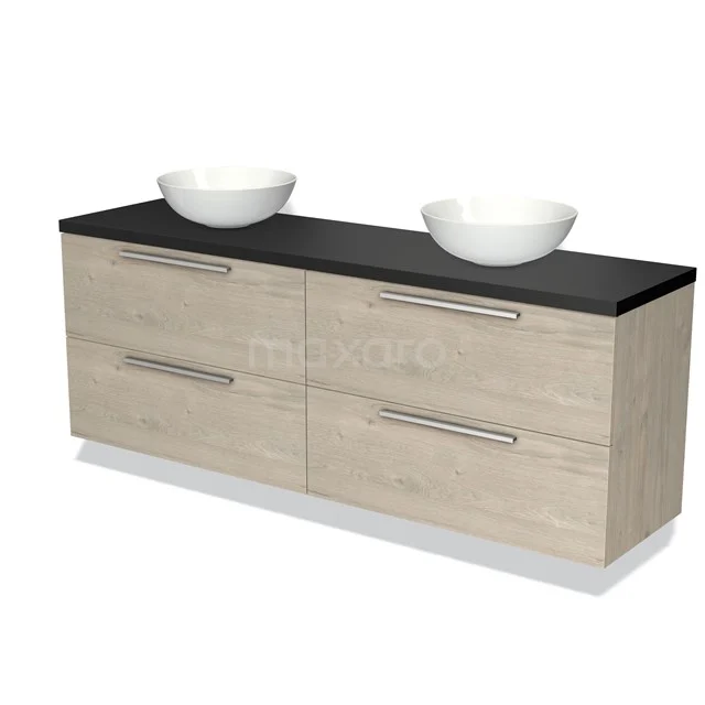 Houten badkamermeubel met dubbele wastafel, zwart blad, lichte houtlook en moderne lades voor een stijlvolle badkameropslag.