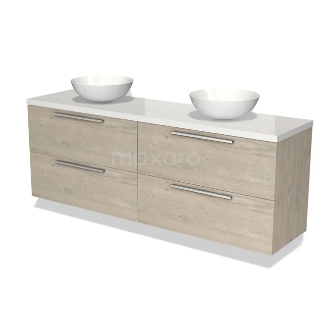 Modulo Plato Badmöbel mit Aufsatzwaschbecken | 180 cm Hellgraue Eiche Flach front Hochglanz Weiß blatt 4 Schubladen BMK18-01240 Holz Badezimmermöbel mit doppelten weißen Waschbecken, modernes Design und vier Schubladen für zusätzlichen Stauraum.