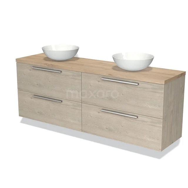 Holz Badezimmermöbel mit Doppelwaschbecken, heller Eiche Oberfläche, vier Schubladen und chromatischen Haltegriffen.