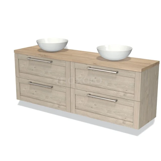Modulo Plato Vanity units for countertop basin | 200 cm Light grey oak Bordered front Light brown oak worktop 4 drawers BMK18-01991 Wooden bathroom unit with four drawers and double white countertop wash basins, modern design and suitable for a stylish bathroom.