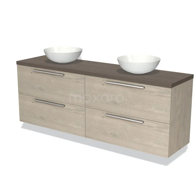 Holz Badmöbel mit doppeltem Aufsatzwaschbecken, Natur Eiche Finish und modernem Design, ideal für stilvolle Badezimmergestaltung.