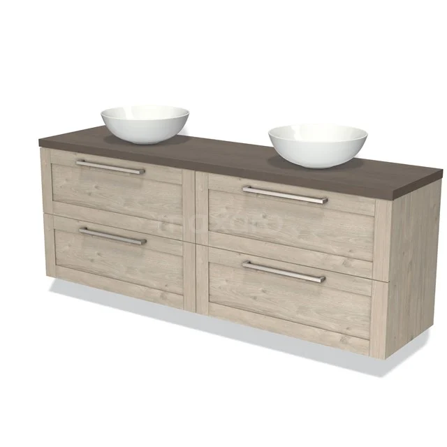 Houten badkamermeubel met dubbel wasbakontwerp, licht eiken kleur, donkere bladafwerking en vier ruime lades.