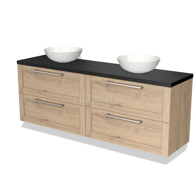 Wooden bathroom unit with double countertop wash basins, black worktop, four drawers and modern design for a stylish bathroom.