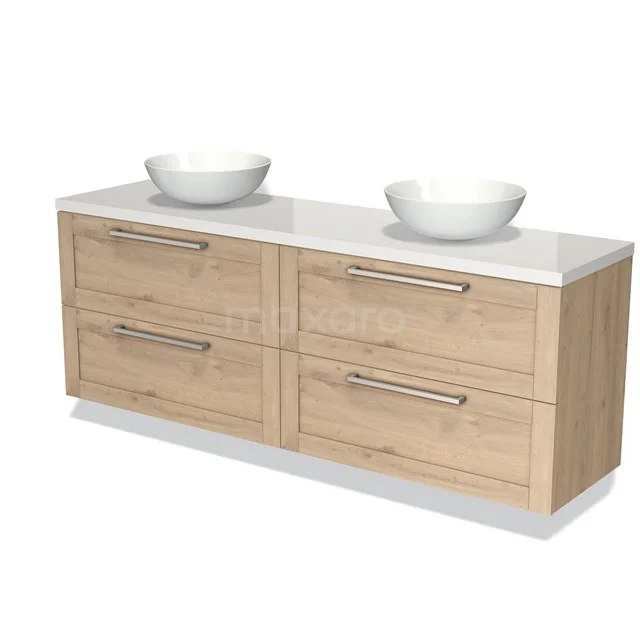 Wooden bathroom unit with double basins, modern design, light wood tone and four spacious storage drawers.