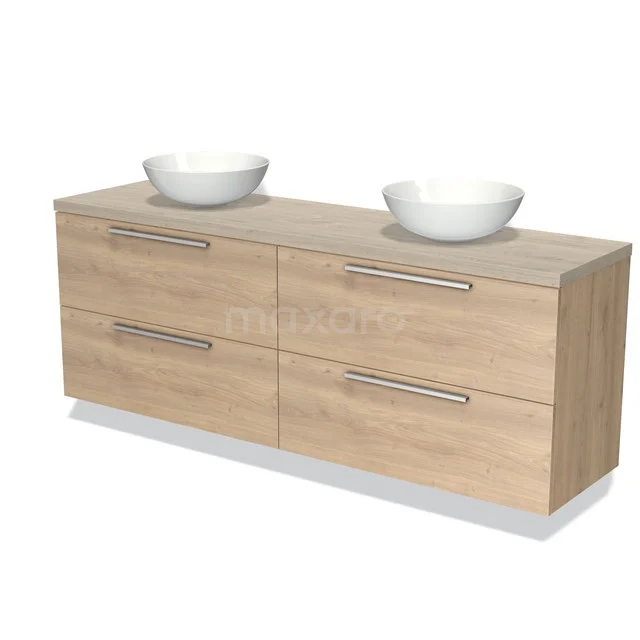 Badmöbel für Waschtischunterschrank mit Konsole 180cm Modulo Plato hellbraune Eiche 4 Schubladen Flach hellgraue Eiche Platte BMK18-01252 Holz Badezimmermöbel mit zwei weißen Waschbecken, vier breit auslaufenden Schubladen, modernem Design und nachhaltigem Material.