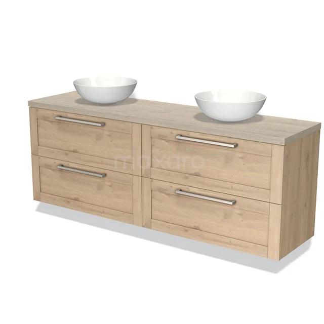 Houten badkamermeubel met dubbele witte wastafel, vier lades en een modern design voor stijlvolle badkameropslag.