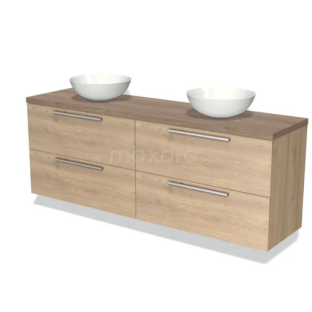 Holz-Badmöbel mit Schubladen, helle Eichenfarbe, Doppelwaschbecken aus Keramik, geeignet für moderne Bäder.