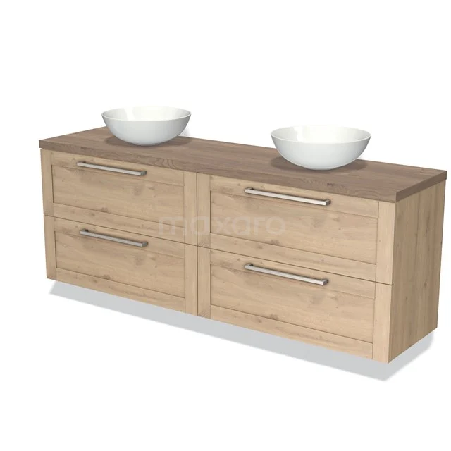 Houten badkamermeubel met dubbele wastafel, licht eiken kleur, vier lades en moderne handgrepen voor stijlvolle opbergruimte.